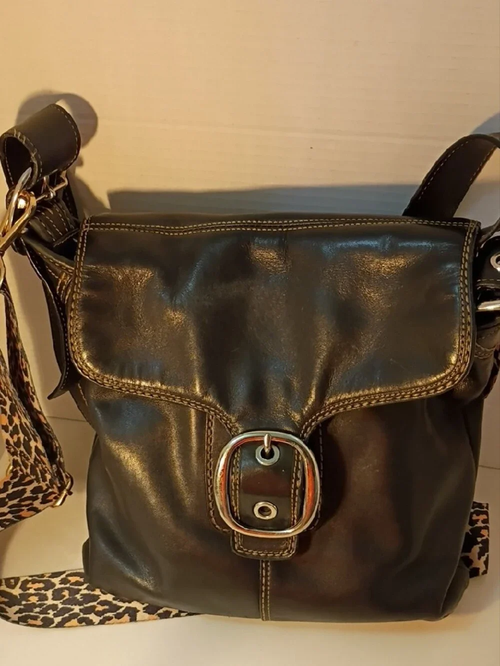 Coach Leather Crossbody Bag with Leopard Strap - Black
